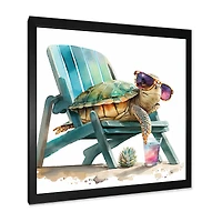 Designart 'Turtle Laying On A Beach Chair With Sunglasses I' Animals Framed Canvas Wall Art