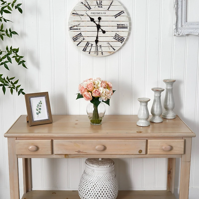 12" Pink & White Rose & Hydrangea Bouquet Arrangement in Glass Vase