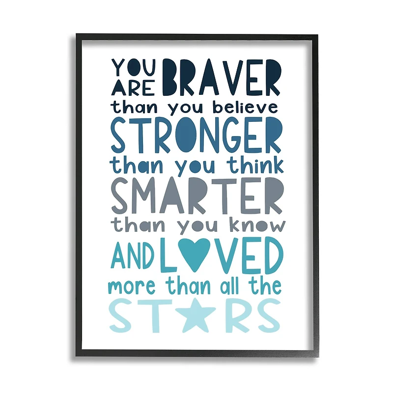 Stupell Industries Braver Stronger Smarter and Love Phrase Blue Typography in Frame Wall Art