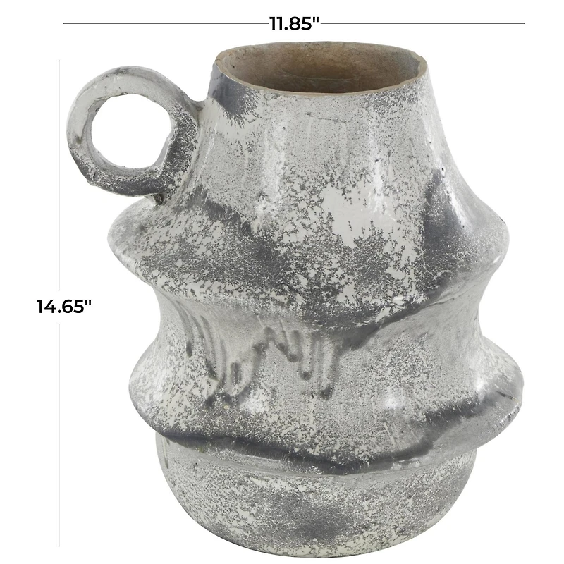 15" Light Gray Textured Paper Mache Fluted Vase with Ring Handle