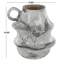 15" Light Gray Textured Paper Mache Fluted Vase with Ring Handle