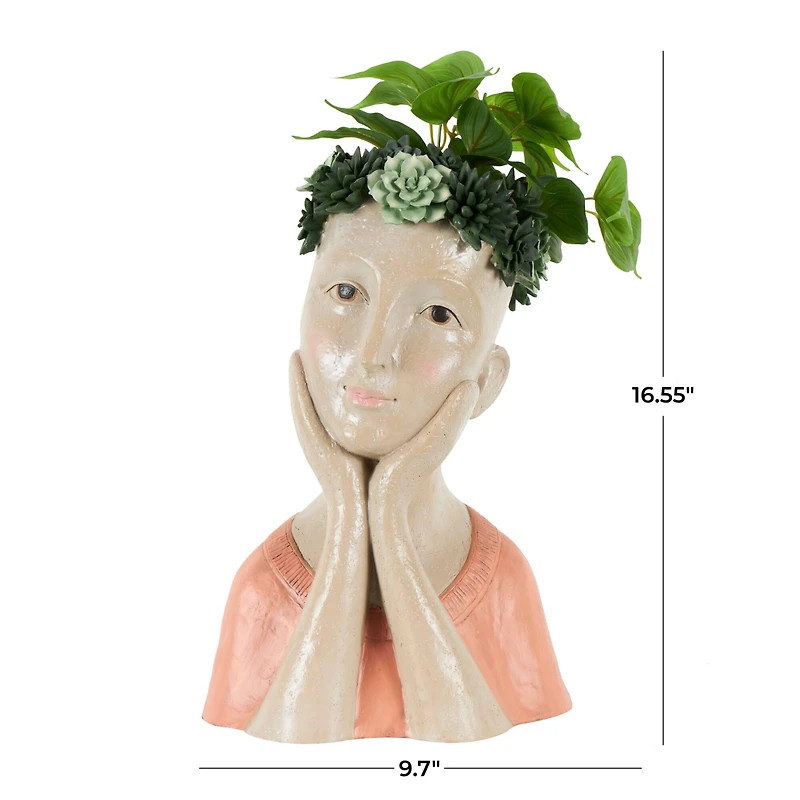 17" Woman Bust Planter with Succulent Crown