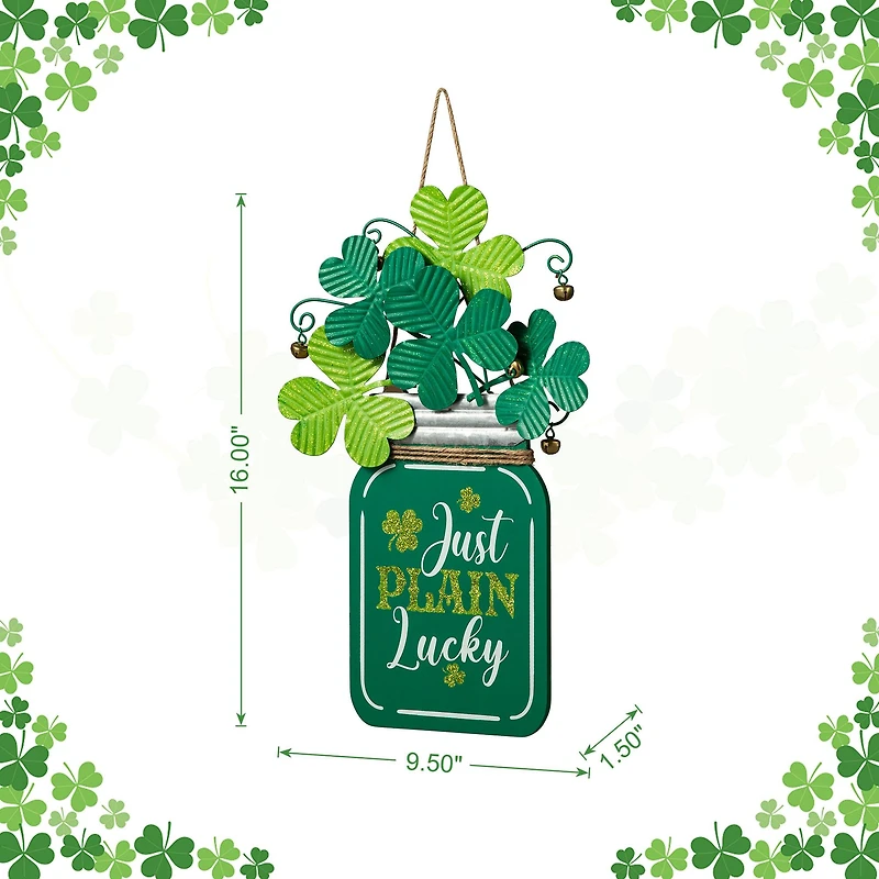 Glitzhome® 16" St. Patrick's Wooden Mason Jar with Shamrock Door Hanger