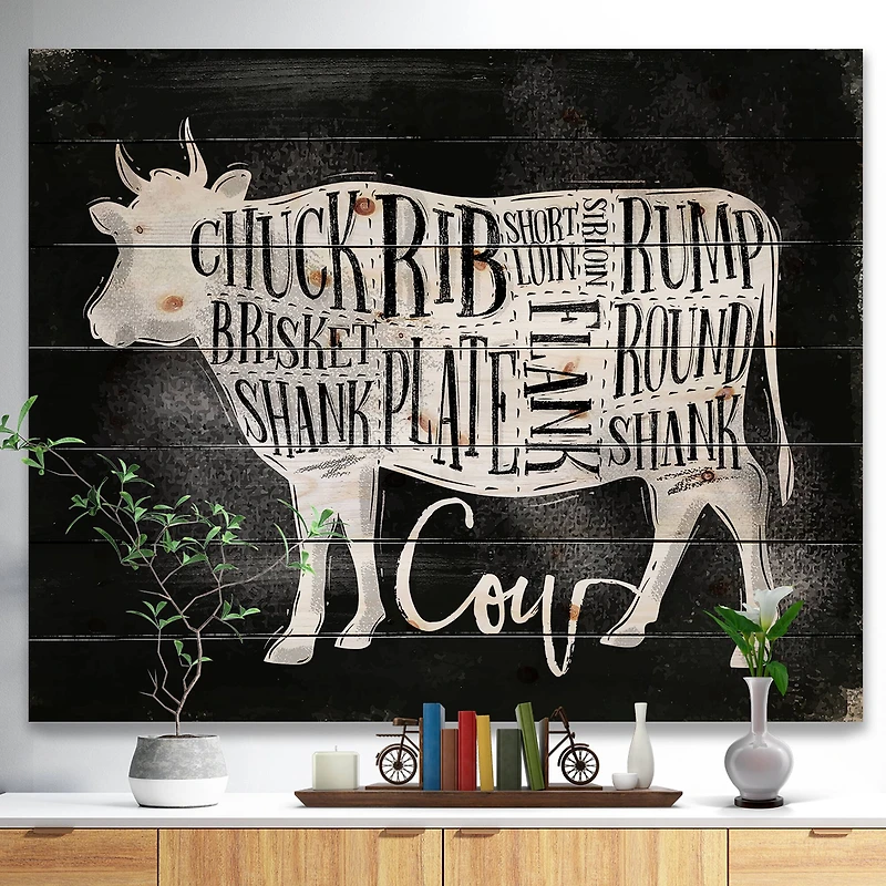 Designart - Beef cutting scheme chalk - Farmhouse Animal Painting Print on Natural Pine Wood