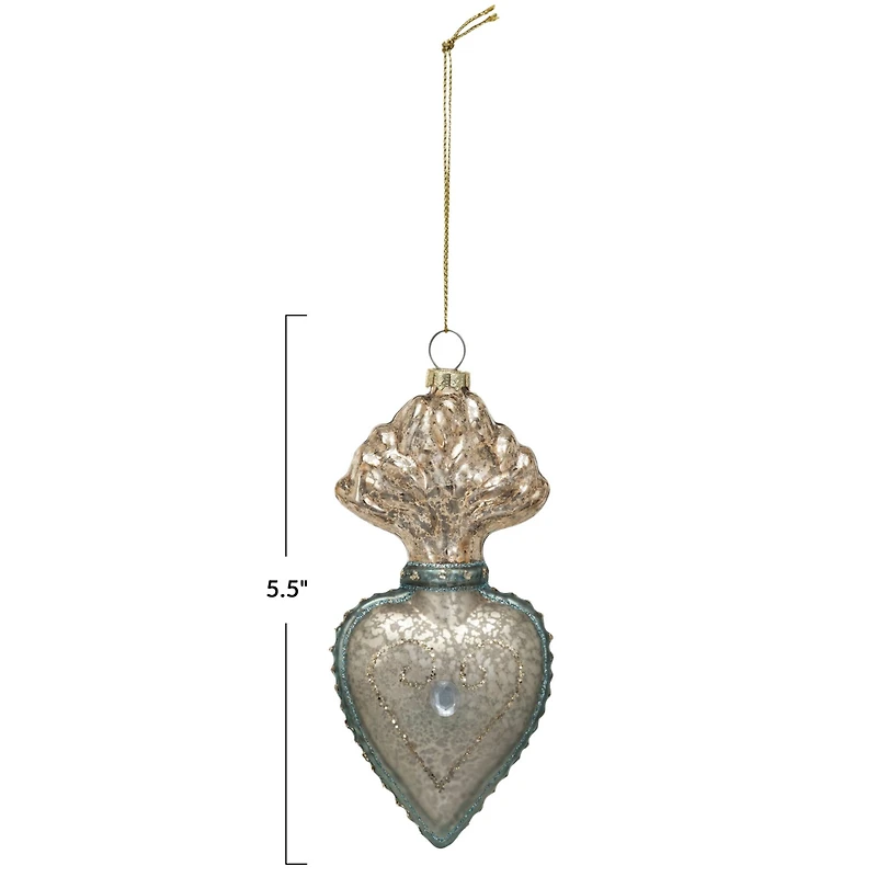 Hello Honey® 5.5" Silver Finish & Aqua Mercury Glass Sacred Heart Ornament with Glitter & Jewel
