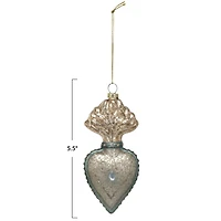 Hello Honey® 5.5" Silver Finish & Aqua Mercury Glass Sacred Heart Ornament with Glitter & Jewel