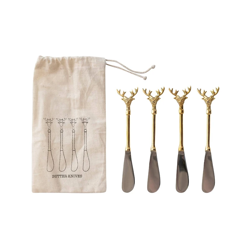 Hello Honey® Gold Reindeer Handle Stainless Steel & Brass Canapé Knife Set