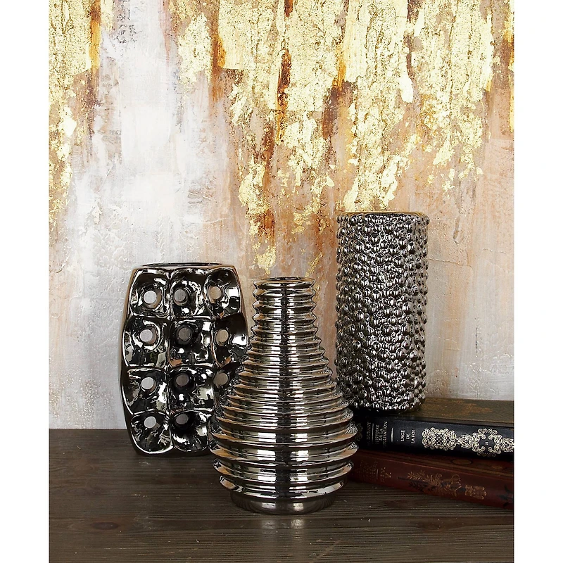 Set of 3 Silver Ceramic Glam Vase, 8" x 5"