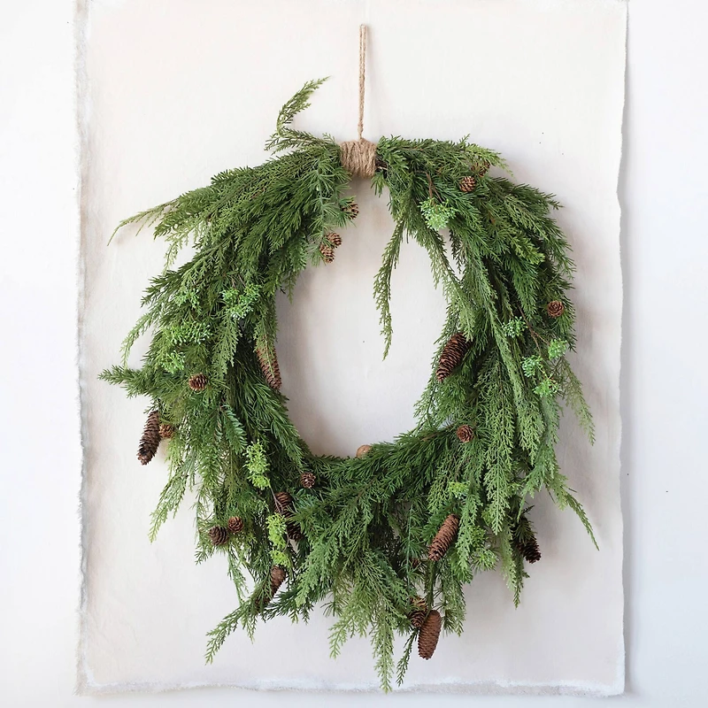 Hello Honey® 31" Faux Pine Wreath with Pinecones & Wrapped Jute Hanger