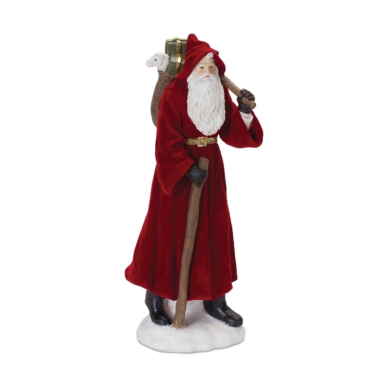 Flocked Santa Figurine with Hood & Staff Set