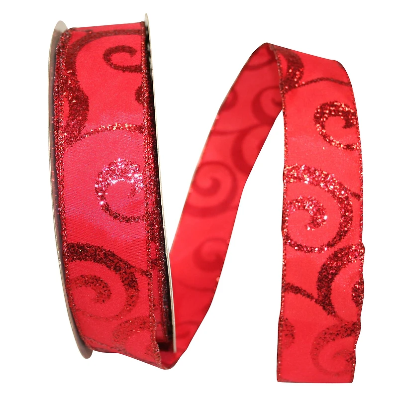 JAM Paper 1.5" x 50yd. Red Scroll Wired Glitter Ribbon