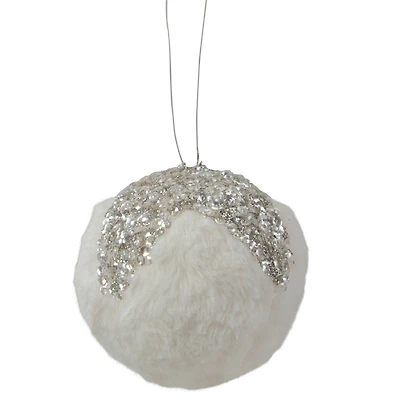 4.25" White And Silver Faux Fur Ball Ornament