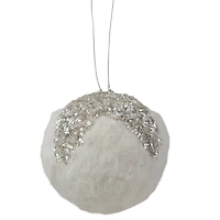 4.25" White And Silver Faux Fur Ball Ornament