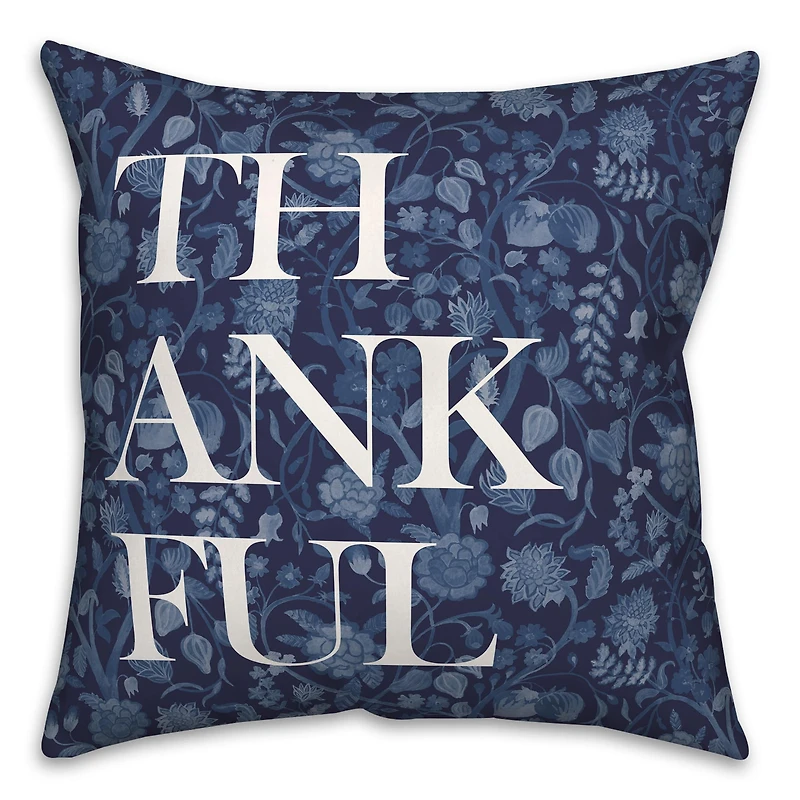 Blue Thankful Floral Pillow