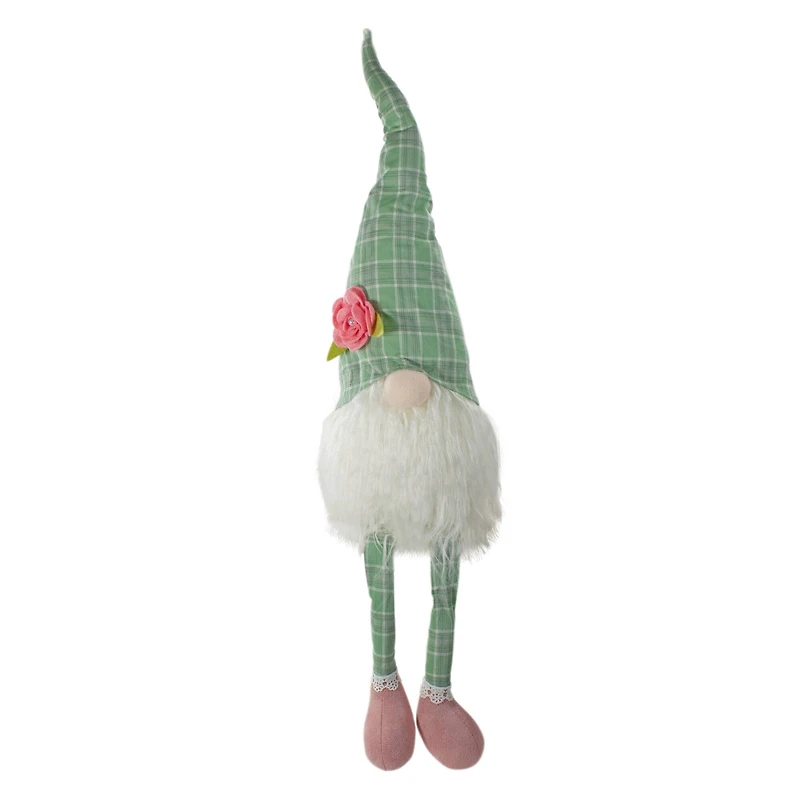 28" Green & White Plaid Spring Gnome with Dangling Legs Figure