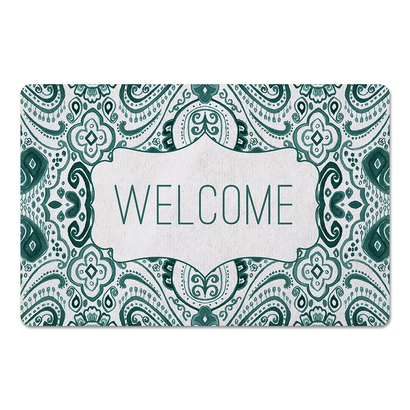 Green and White Welcome Floor Mat