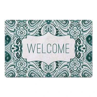 Green and White Welcome Floor Mat