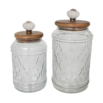 Clear Glass Floral Decorative Jar Set with Brown Wooden Lids & Antique Style Knobs
