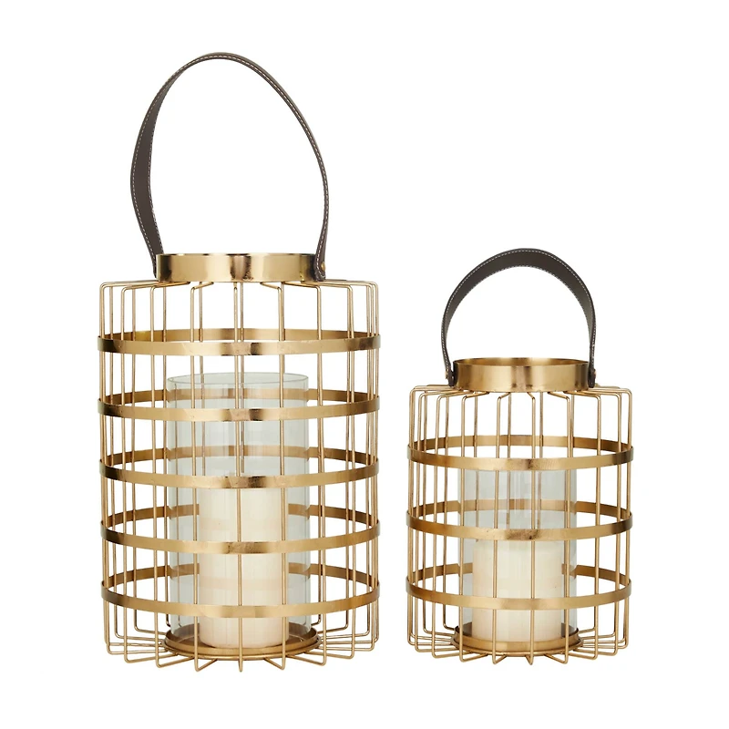 Set of 2" Gold Metal Modern Lantern 13", 11"