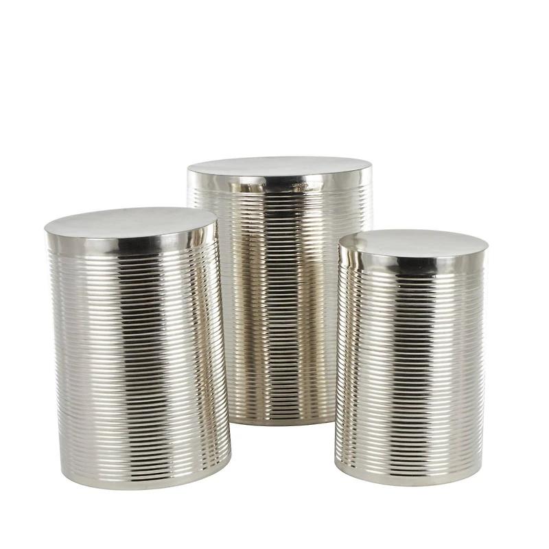 Silver Metal Ribbed Drum Accent Table Set