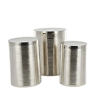 Silver Metal Ribbed Drum Accent Table Set