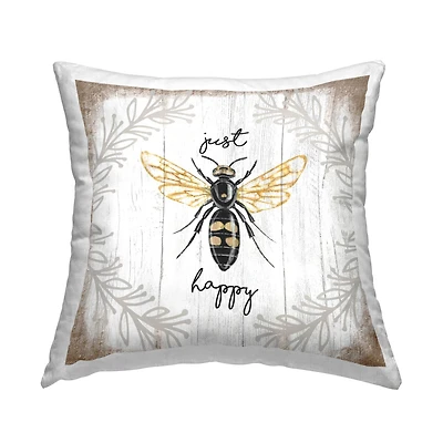 Stupell Industries Just Be Happy Charming Rustic Bee Pun Throw Pillow 18" x 18"