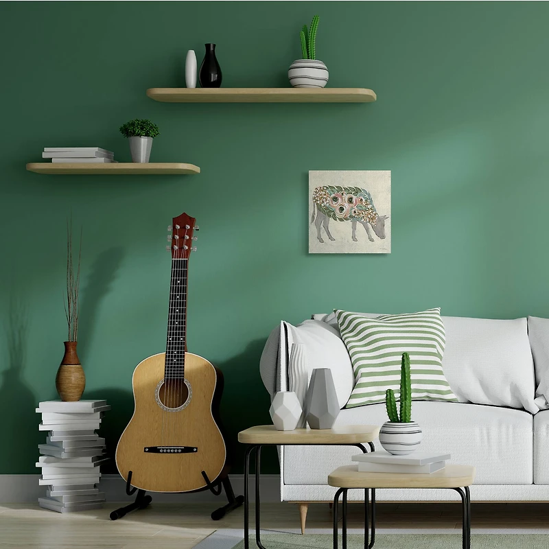 Stupell Industries Rustic Cow Pink Green Floral Body Canvas Wall Art