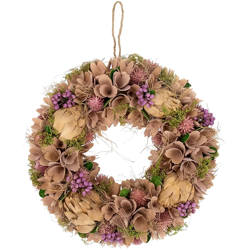 12" Purple & Beige Wooden Floral & Preserved Artichoke Wreath
