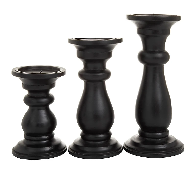 Set of 3 Black Mango Wood Traditional Candle Holders