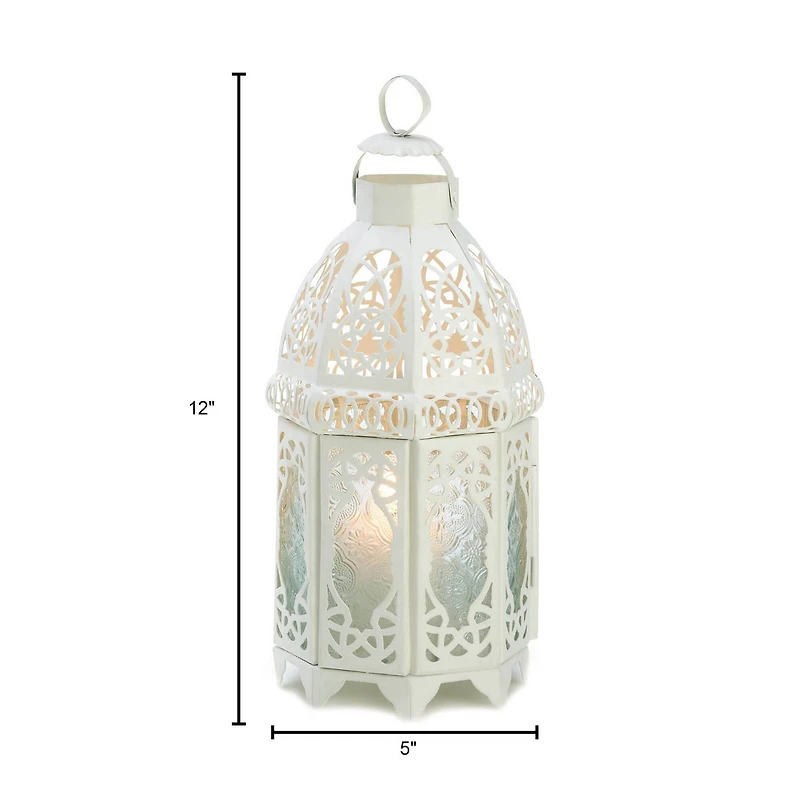 12" White Lattice Moroccan Style Candle Lantern