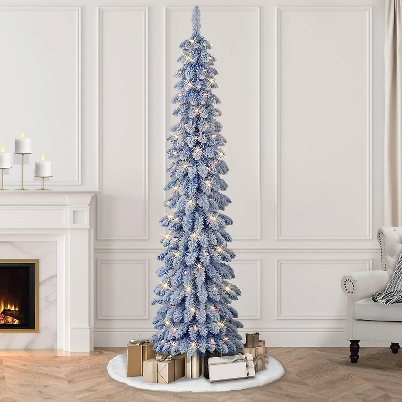 7ft. Pre-Lit Flocked Blue Artificial Alpine Pencil Christmas Tree, Clear Lights