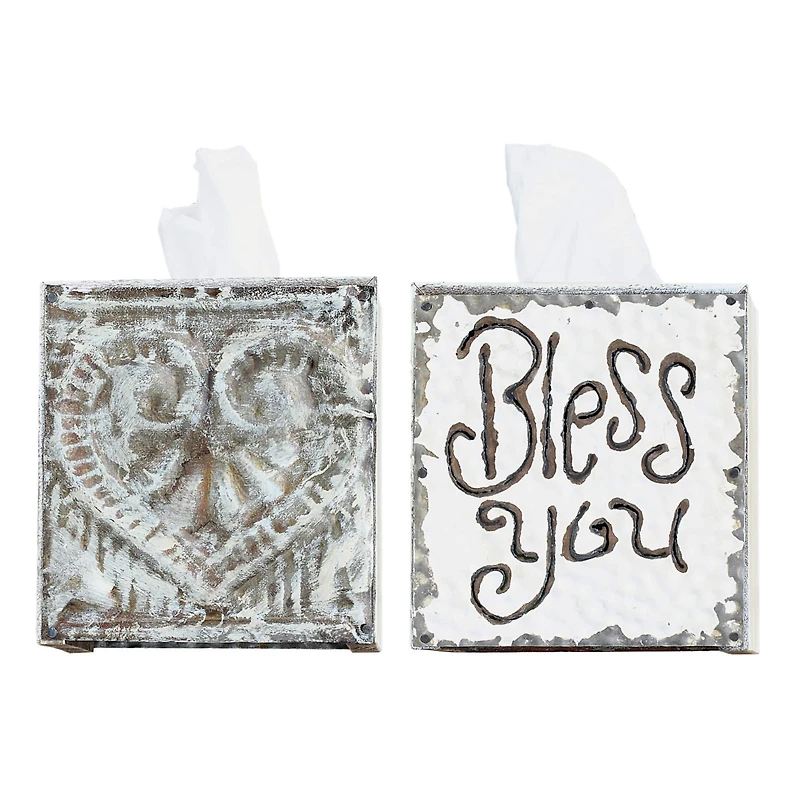 Hello Honey® 6.5" Wood & Metal "Bless You" Tissue Box Cover