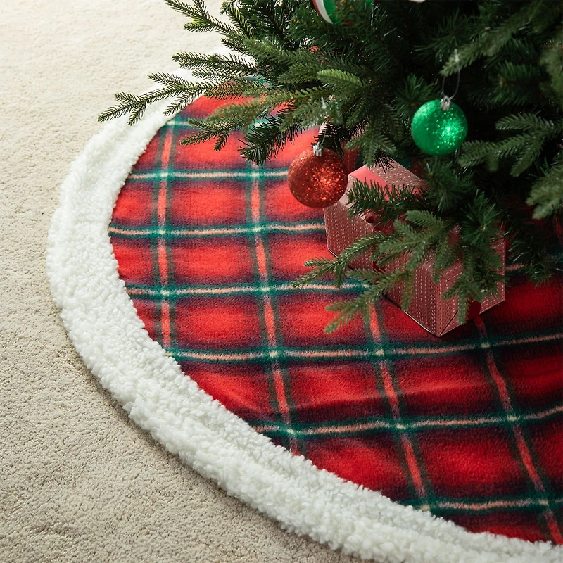 Glitzhome® 60" Red & Black Plaid Reversible Sherpa/Flannel Christmas Tree Skirt