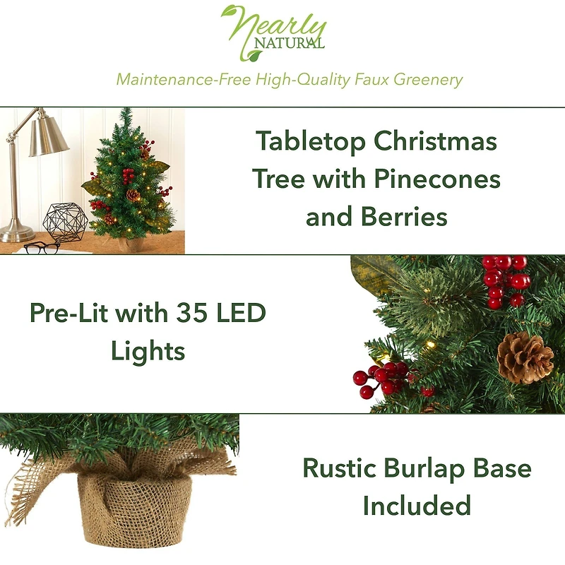 2ft. Pre-Lit Pine Artificial Potted Christmas Tree with Pinecone & Berries, Clear LED Lights