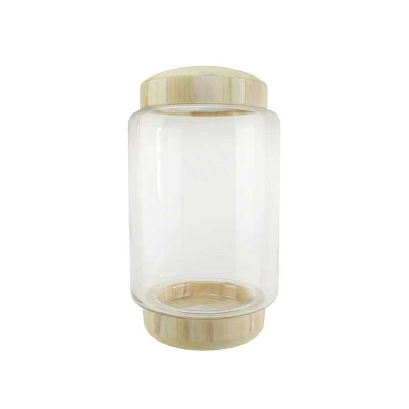 13.5" Cylindrical Transparent Glass Container with Wooden Base & Lid