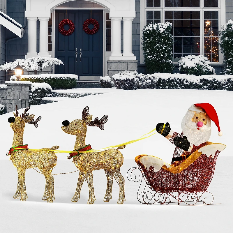 Deer Pulling Sleigh with Santa Set with Warm White UL LED Lights