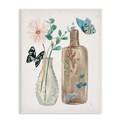 Stupell Industries Butterfly Blooming Floral Jars Tranquil Flower Still-Life Wall Plaque