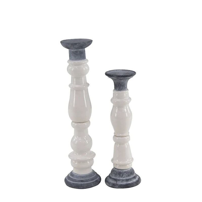 White & Dark Gray Stoneware Country Candle Holder Set