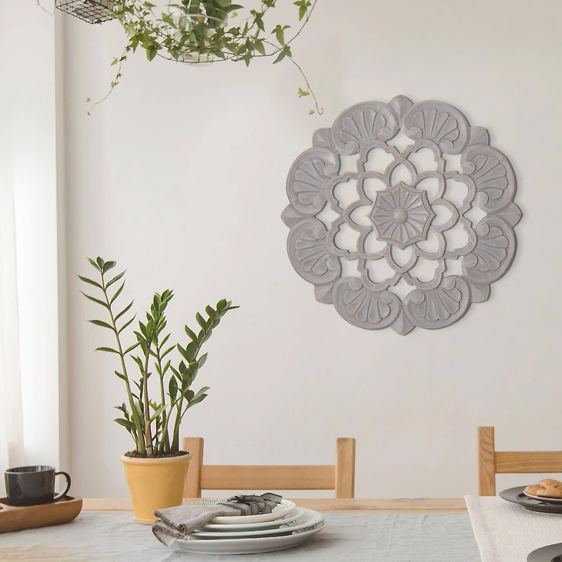 American Art Décor™ 16" Small Gray Traditional Hand-Carved India Wood Medallion