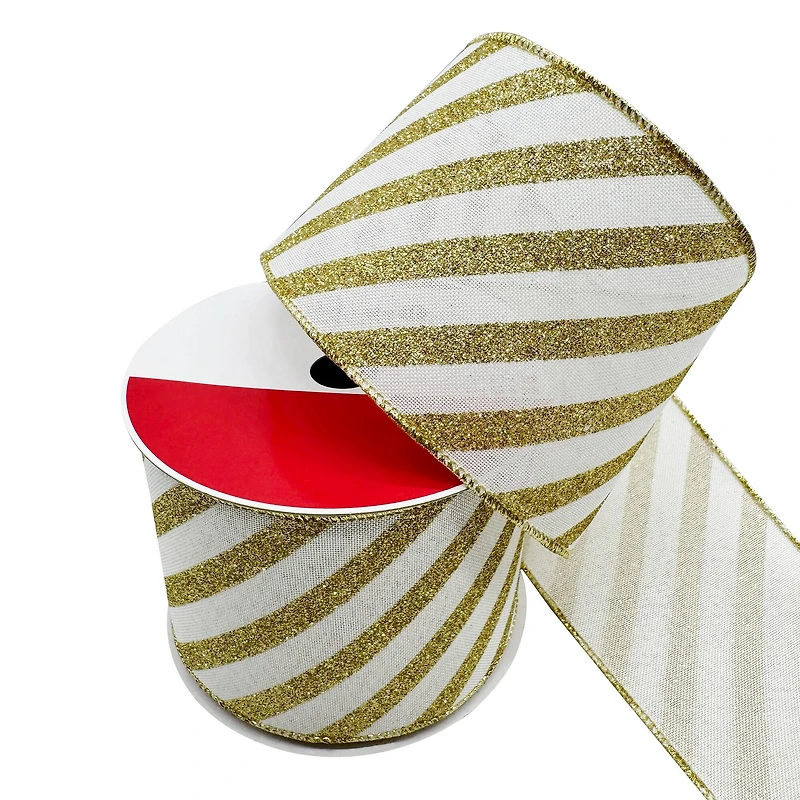 3.5" x 15ft. Gold Glitter Diagonal Stripes Wired Faux Linen Ribbon by Celebrate It®