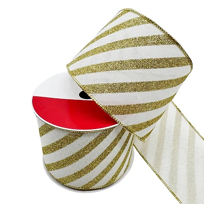 3.5" x 15ft. Gold Glitter Diagonal Stripes Wired Faux Linen Ribbon by Celebrate It®