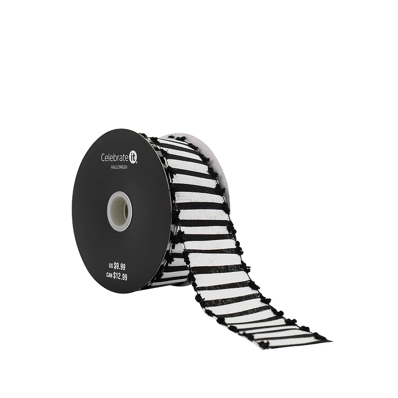 1.5" x 10yd. Black & White Striped with Pom Pom Edge Wired Faux Linen Ribbon by Celebrate It® Halloween