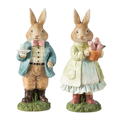 Glitzhome® 9.75" Easter Resin Bunny Couple with Coffee and Tulips Table Decor