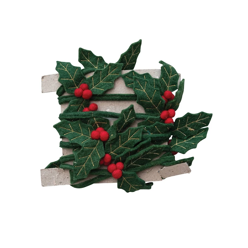 Hello Honey® 6ft. Green & Red Handmade Wool Felt Gold Embroidered Holly Leaves & Berries Wired Garland