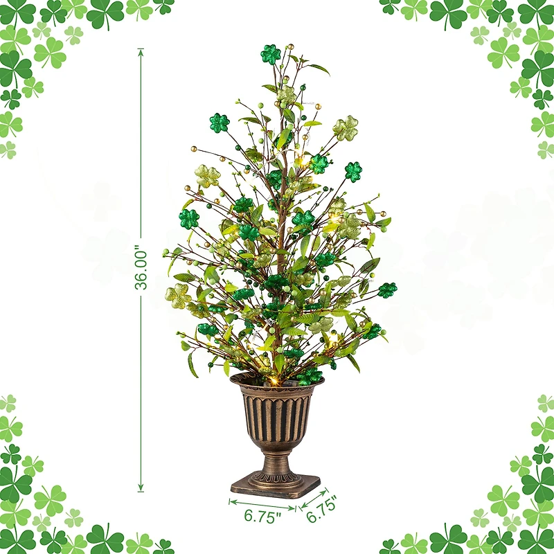 Glitzhome® 36" Lighted St. Patrick's Shamrock Urn Porch Tree with Timer