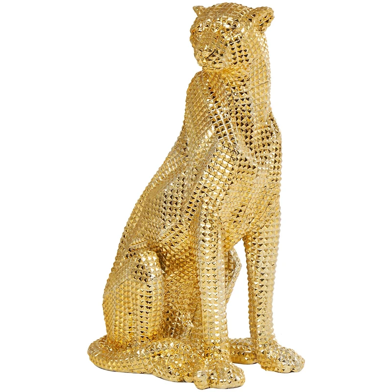 20.75" Golden Sitting Leopard Floor Sculpture with Diamond Faceted Texture