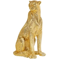 20.75" Golden Sitting Leopard Floor Sculpture with Diamond Faceted Texture
