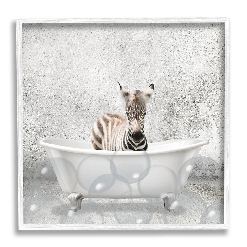 Stupell Industries Baby Zebra Bath Time Wall Art in White Frame