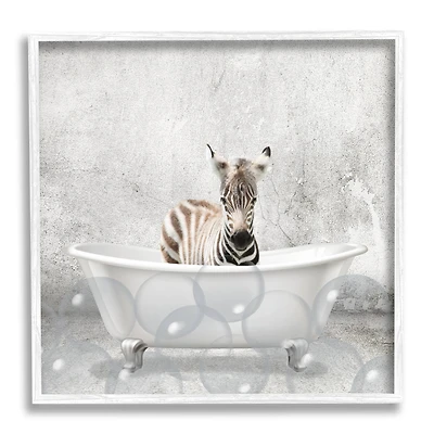 Stupell Industries Baby Zebra Bath Time Wall Art in White Frame