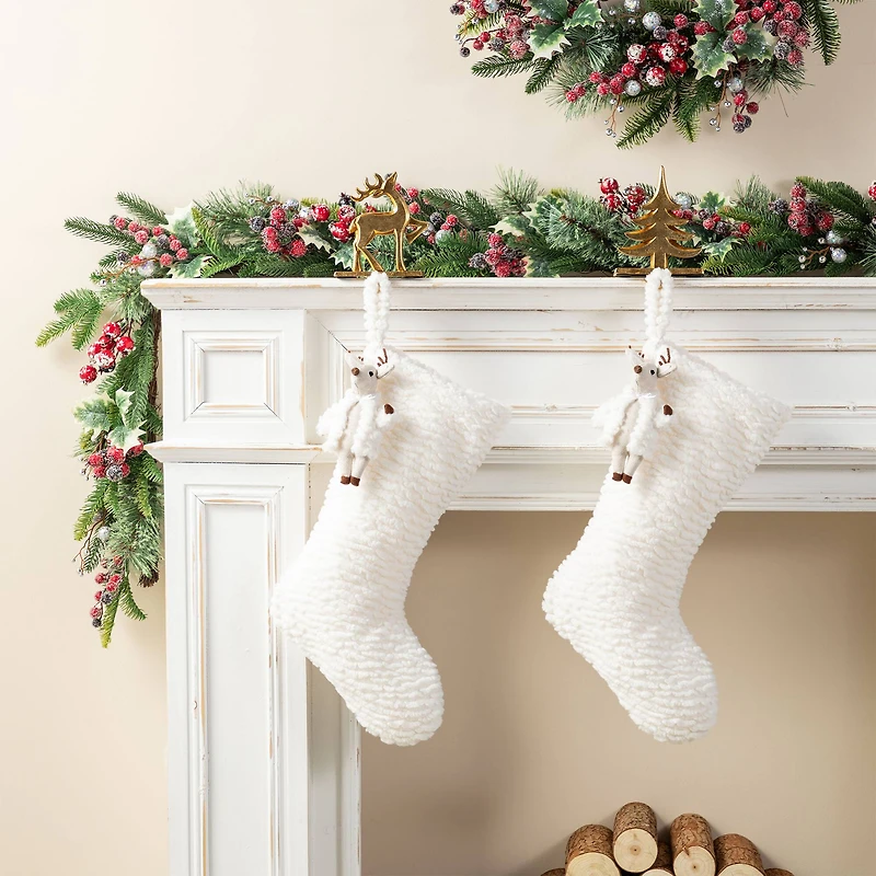 Glitzhome® 21"L White Plush Christmas Stocking with Reindeer Ornament